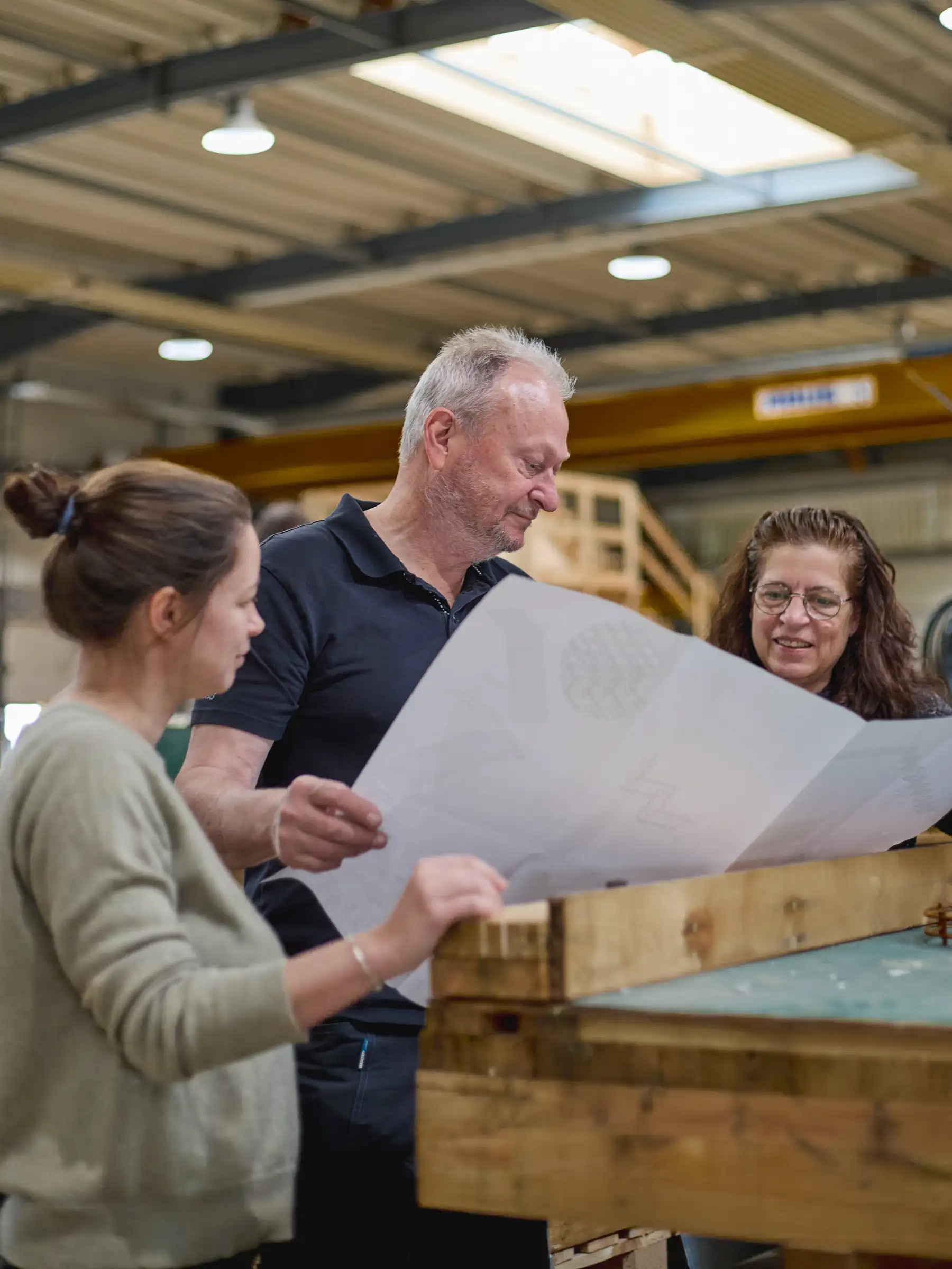 Office workers looking at technical drawings